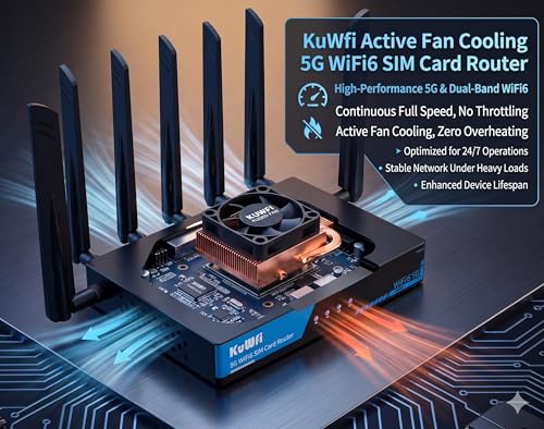 Image of KuWFi 5G Router with SIM Card Slot, AX3000 WiFi 6 Unlocked 5G Router with Cooling Fan, 2.5G WAN & Dual SIM Failover, WireGuard VPN, Global 5G Network for Home /RV /Office, T-Mobile & AT&T