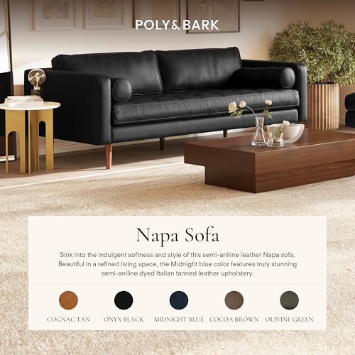 Image of POLY & BARK Napa 88.5 inch Leather Sofa - Full-Grain Italian-Tanned Aniline Leather, Feather-Down Comfort, Solid Wood Frame, Walnut Legs, Onyx Black
