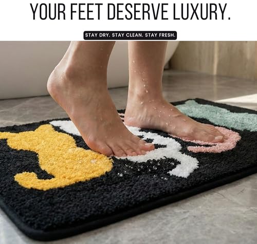Image of VAS COLLECTIONS Luxurious 2000 GSM Microfiber Bath Mat | Super Soft, Thick & Fluffy | Anti-Skid, Super Absorbent, Bathroom /Bedroom /Kitchen /Door Mat (40x60 cm, Pack of 1) (Cat Print)
