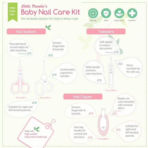 Image of Little Martin's: Baby Nail Care Kit - Pink - 4pc Grooming Set, 1 Clipper, 2 Scissors, 1 Tweezer, Storage Case, Ergonomic Design, Infant-Baby-Kids