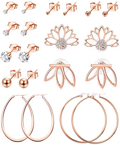 LOYALLOOK 10 Pairs Rose Gold Tone Earrings Women Tiny Ball Bar Stud Earrings Set Lotus Flower Earrings Jacket Stud Hoop Stainless Steel Earring Set