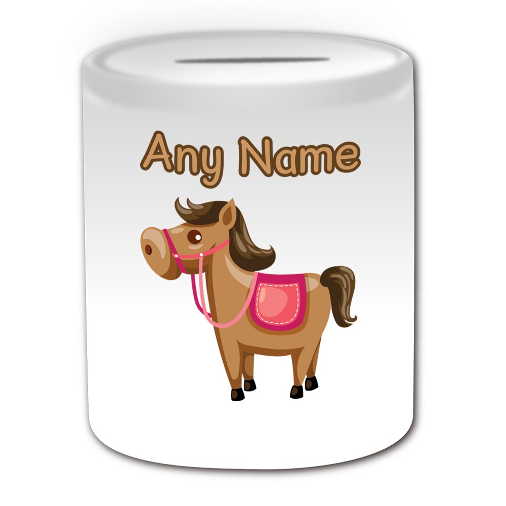 Personalised Gift - Brown Horse Money Box (Animal Design Theme, White) - Any Name/Message on Your Unique - Saving Piggy Bank - Toy