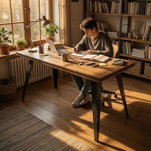 Image of FFO Office Table for Home | Wooden Study Table for Home Office | 1-Year Warranty | Large Computer Desk with Metal Legs | Modern Workstation for Students & Professionals - Rustic Brown DIY.