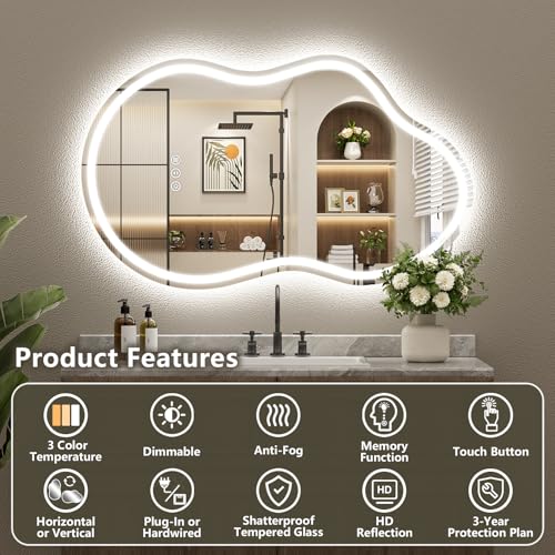 Image of 40x24 Inch Asymmetrical LED Bathroom Mirror with Lights, Backlit & Front-Lit, Anti-Fog, Irregular Cloud Lighted Bathroom Vanity Mirror for Wall, Dimmable, 3 Colors, Memory, HD Tempered Glass