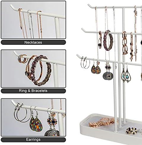 JACKCUBE DESIGN Metal 3 Tier Jewellery Display Stand Tree Organiser Bracelet Necklace Holder Rack Hanger Tower with Earring Ring Tray Storage Tabletop(White, 30.7 x 10.4 x 40.8 cm)  :MK320F