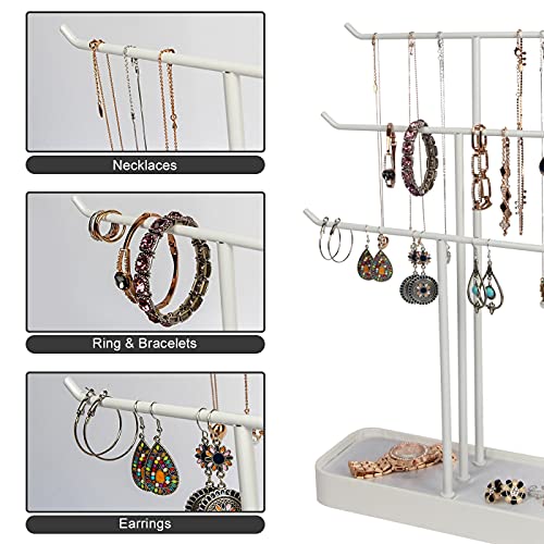 Jackcubedesign Metal 3 Tier Jewelry Display Stand Tree Organizer Bracelet Necklace Holder Rack Hanger Tower With Earring Ring Tray Storage Tabletop(White, 11.02 X 4.52 X 17.67 Inches) – :Mk320F #TOP3