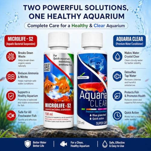 Image of Aquatic Remedies (Pack of 2) Aquarium Water Conditioner Combo (Aquaria Clear-120ml & Microlife-100ml) for Pure Aquarium Water