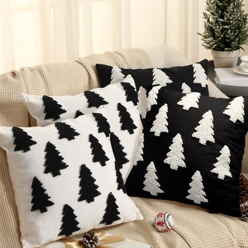 HunnmingRe Set mit 4 schwarzen und weißen Weihnachts-Kissenbezügen,...