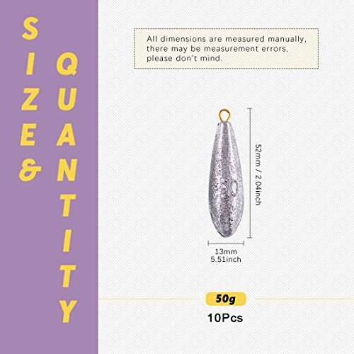 image for Swpeet 10Pcs 50g Fishing Sinkers Raindrop Shape Bullet Weights Sinkers