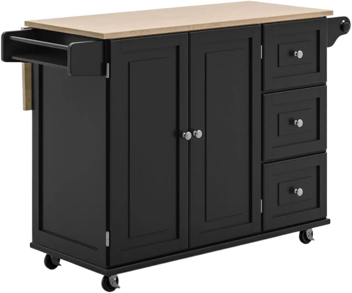 Storage Trolley Kitchen Cart with Wood Top and Drop Leaf Breakfast Bar Island Casual Home Shelving Organizer(Black)