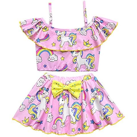 Dgfstm Girls Unicorn Swimming Costume Two Piece Swimwear Swimsuit Tankini Bathing Suit for Kids Girls (Pink, 100(2-3years)) Cover