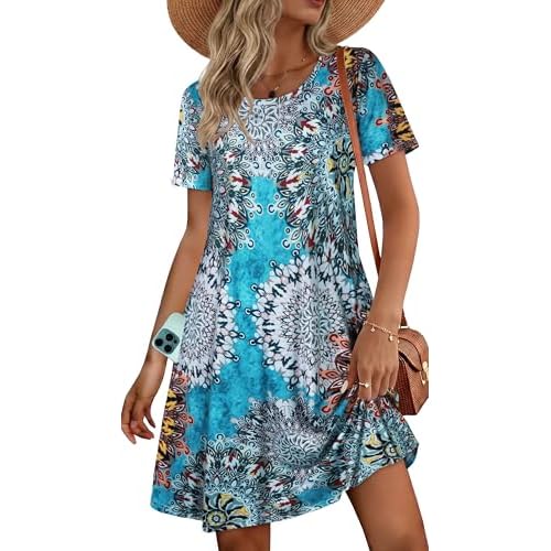 Womens Summer Dresses Beach Casual Loose Tshirt Floral Short Sleeve Flowy Pockets Sundresses 2026