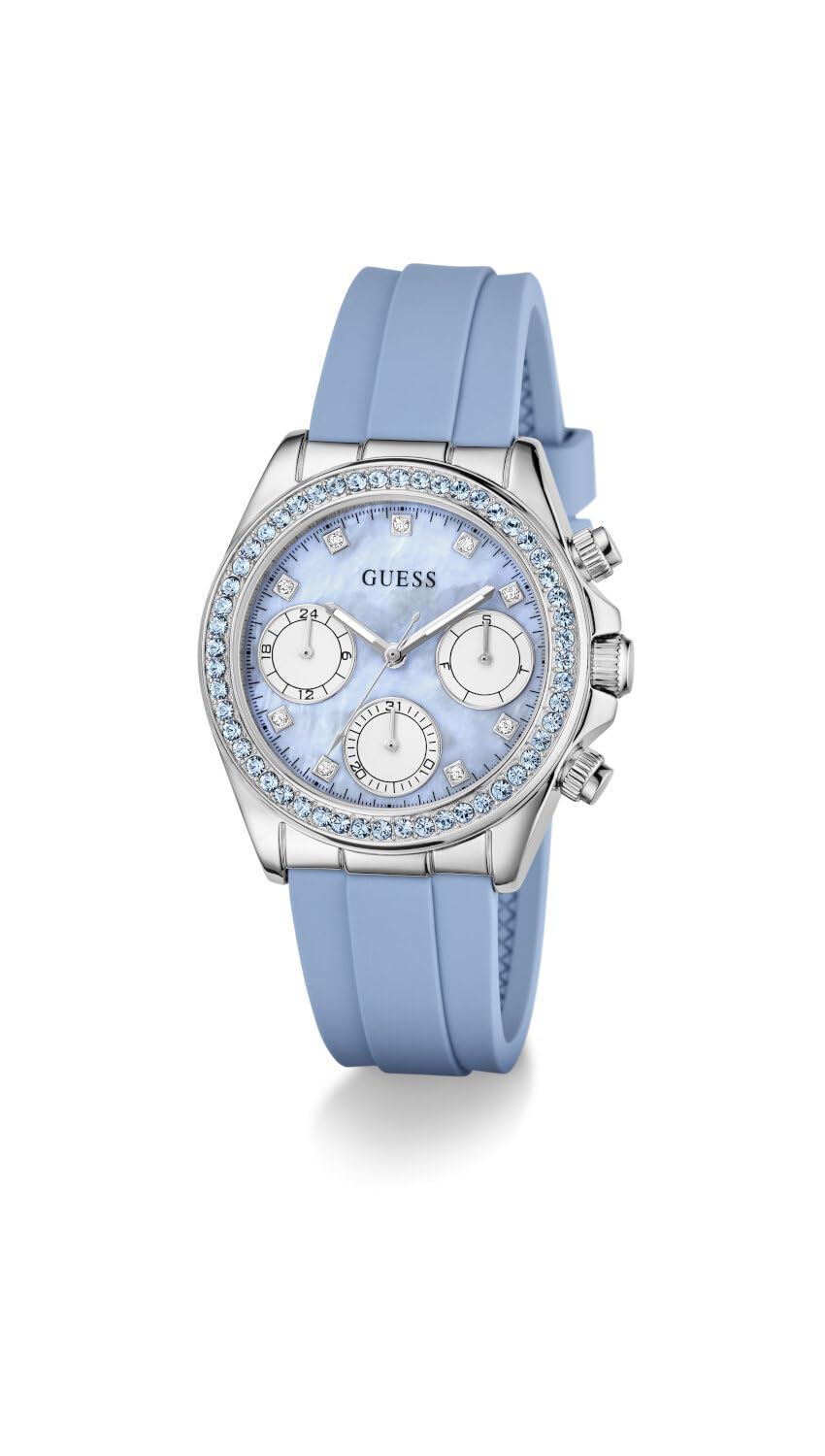 Guess Victoria, Damen Armbanduhr, Quarz Analog, Edelstahl, 36mm, Silikonarmband, Blau, 3 bar, Zifferblattfarbe: Blau, Datumsanzeige, GW1038L1
