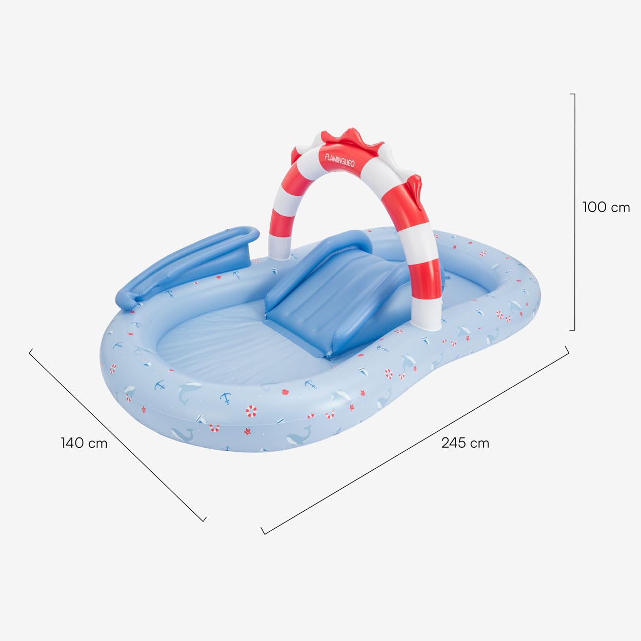 Flamingueo Piscina Infantil Doble - con Aspersor - para Playa y Jardín - PVC Resistente - 6 Pelotas Incluidas - 245 x 140 x 100 cm - Azul