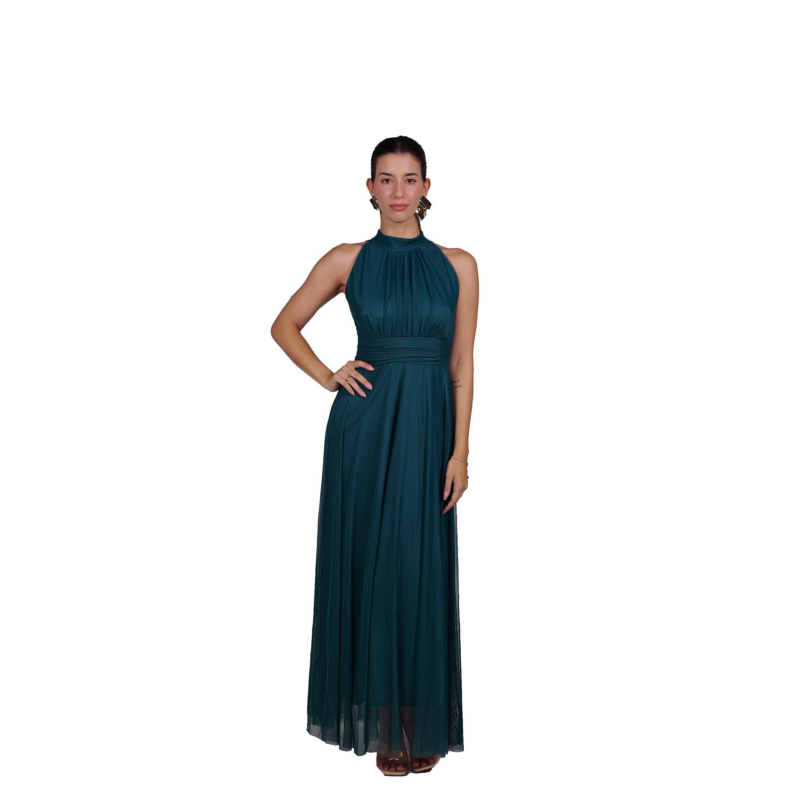 Vestido largo elegante para mujer con estola a juego – Cuello alto sin mangas, línea fluida de tul – Vestido de ceremonia Made in Italy