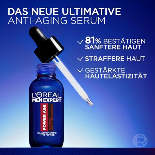 L'Oréal Men Expert Sérum visage anti-rides pour hommes, soin hydratant anti-âge pour peaux fatiguées et mates, sérum homme hautement dosé à l'acide hyaluronique, Power Age, 1 x 30 ml – Image 4