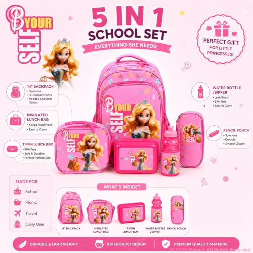 Image of Combo Set for Girls - 5 in 1 Back to School Hamper with Backpack, Lunch Bag, Tiffin Box, Water Bottle & Pencil Pouch - Complete School Essentials Gift Set for Kids (Pink Bag)
