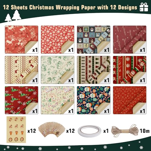 OWill Christmas Wrapping Paper,12 Sheets 50x70cm Recycle Xmas Kraft Paper 12 Christmas Wrapping Paper Designs with 10m Jute String 12 Labels 12 Stickers and a Roll of Tape - Image 3