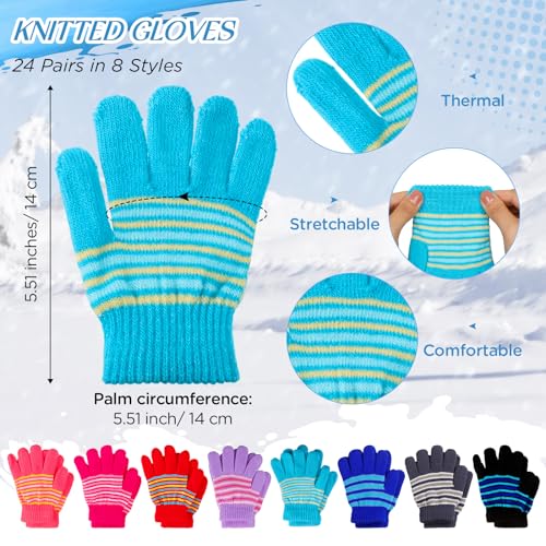 Suhine 24 Set Kids Winter Beanie and Gloves Bulk Colorful Unisex Bulk Warm 8 Styles Knit Hat Stretchy Full Fingers Gloves3
