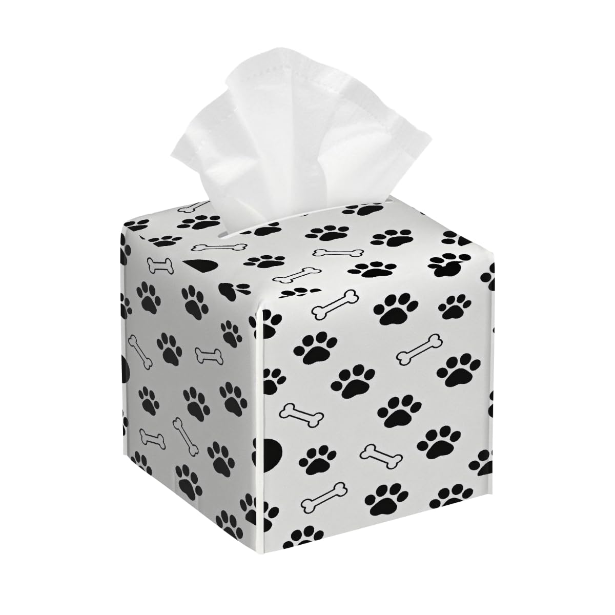 Tissue Box Cover Square Pu Leather Tissue Box Holder Waterproof Paper Organizer Dispenser for Bathroom Kitchen Bedroom Car Office Dog Paws Bone