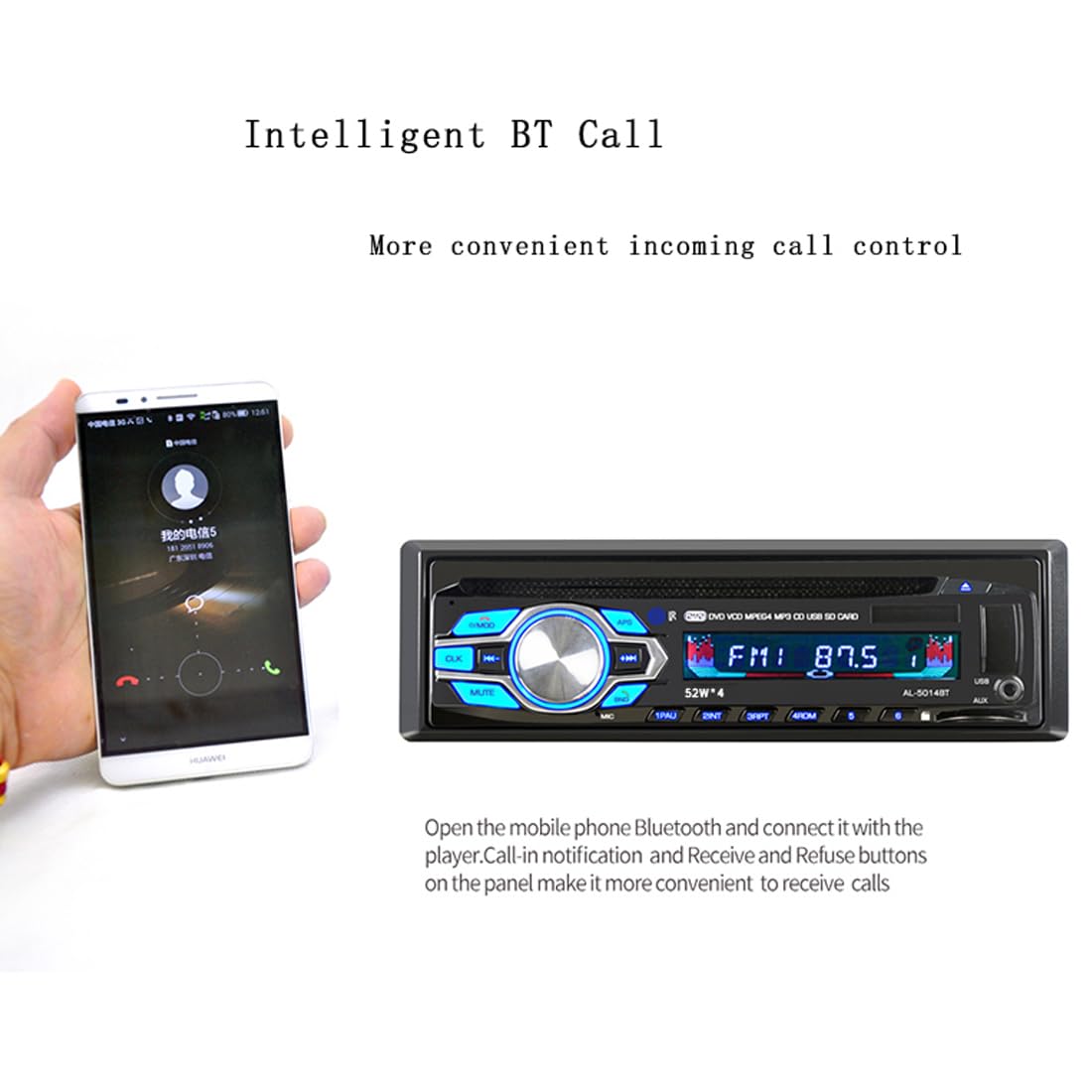 Autoradio sans Fil Bluetooth Lecteur CD DVD MP3 Stéréo Voiture Mains Libres Autoradio Audio Radio 5014 Voiture-Style avec Télécommande 1 Din 12V