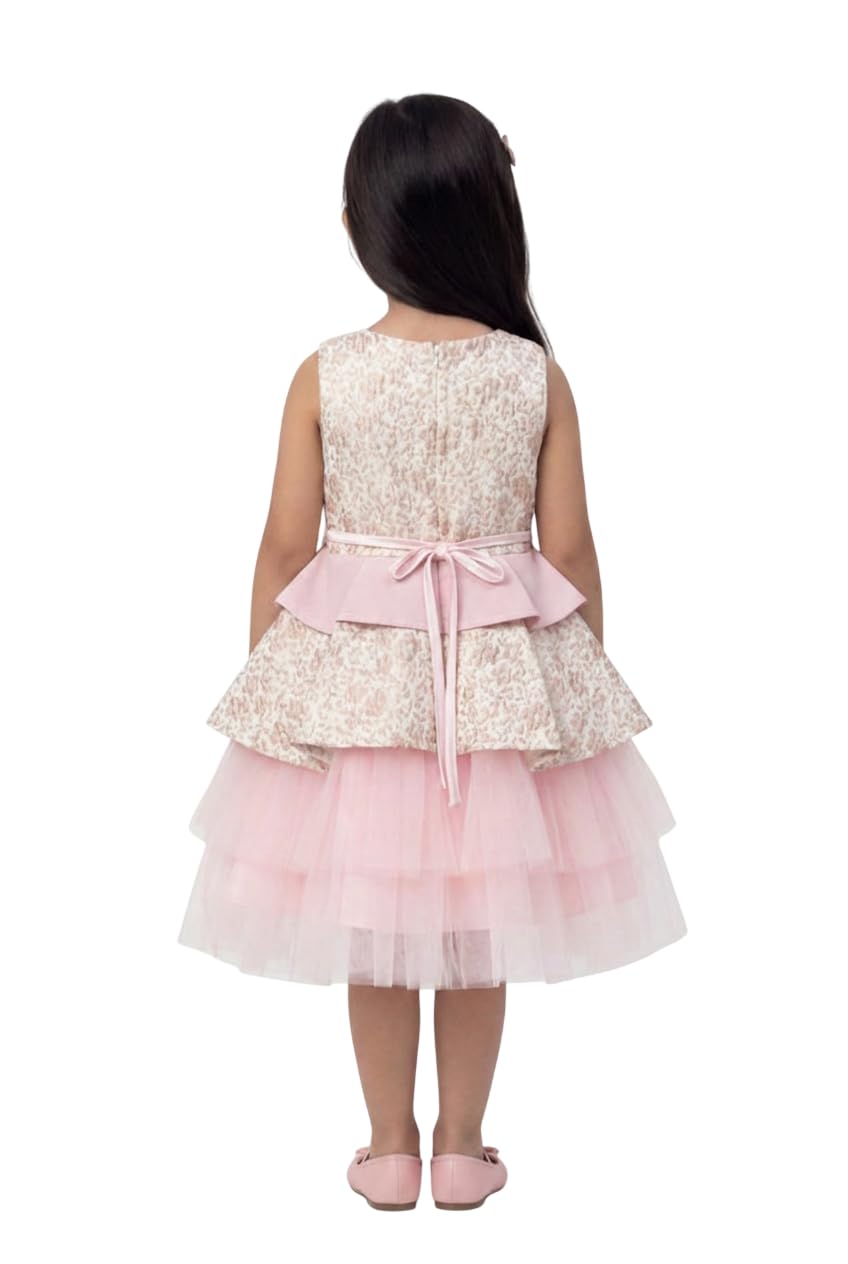 SIRRI Abito da Festa Rosa Jacquard per Bambina con Gonna in Tulle e Fiocco Removibile.