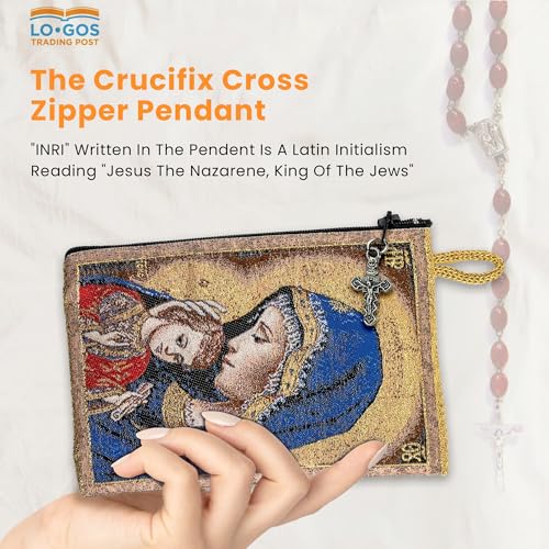 Image of Catholic Rosary Pouch, 4 inch x 6 inch Jewelry & Coin Purse with Cross, Small Woven Tapestry Icon Bag, Bolsa de Rosario Catolico para Joyeria, Madonna and Child & IC XC Cross - Red, 4 inch x 6 inch