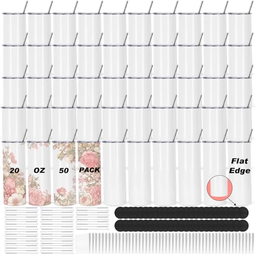 Muwnrol 50 Pack 20 Oz Sublimation Tumblers Bulk Stainless Steel Double Wall Vacuum Insulation Cup Sublimation Cups with Straw Individually Box (Flat Edge)
