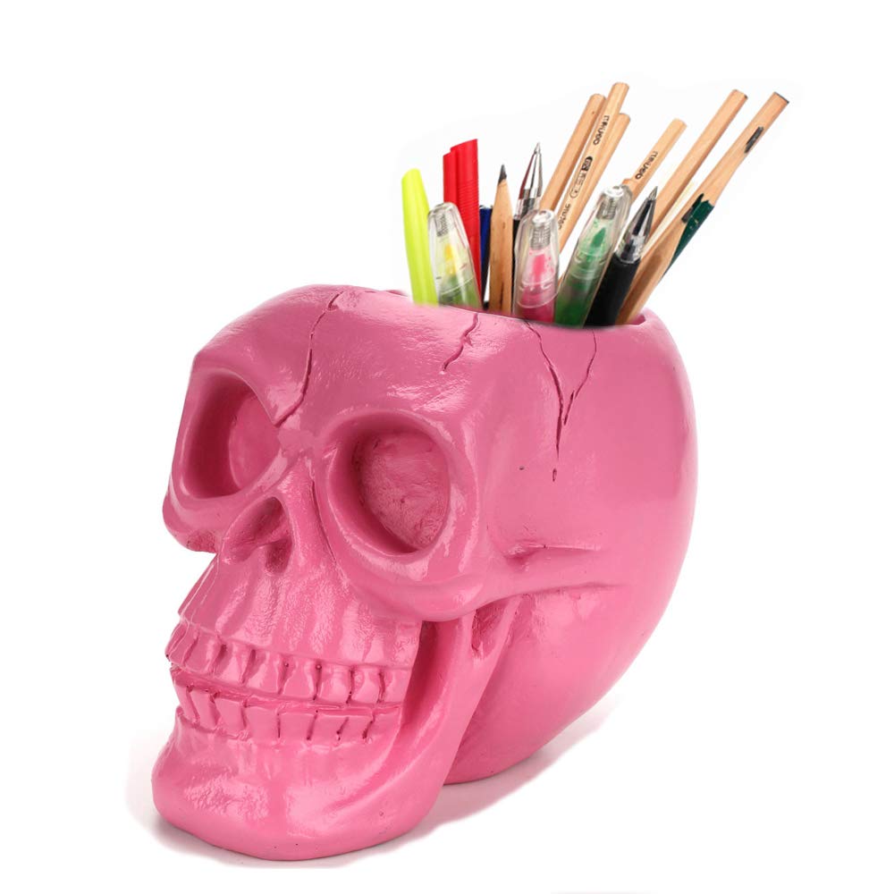 Mikayoo Skull Pen Holder Skull Makeup Brush Holder Pen Holder Dressing Table Office Desk Storage Box Green Plant Flower Pot Halloween Skull (Pink)