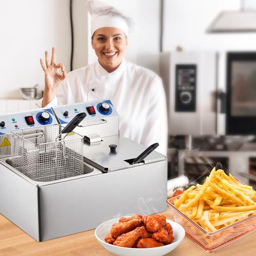 PULLAFUN Electric Deep Fryer, 10 L x 2 Deep Fryer with Basket, Adjustable Temperature Control, Perfect for Fried Chicken, Shrimp, French Fries, Chips & More, Removable Oil-Container, Stainless Steel