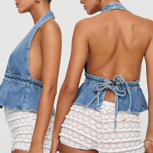 Women's Y2K Backless Tie Back Halter Top Sleeveless Sexy Denim Vest Tops Strapless Jean Corset Bustier Streetwear2