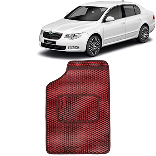Image of Kingsway Dotted Design Car Floor Foot Mats Universal Fit for Skoda Superb, Model Year : 2008-2015, Water and Dustproof, Color Red, Set of 5 Pieces