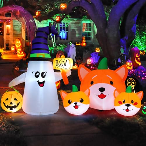 Image of GOOSH 5 FT Halloween Inflatables Ghost and 5 FT Long Halloween Inflatables Three Pumpkin Dog Head