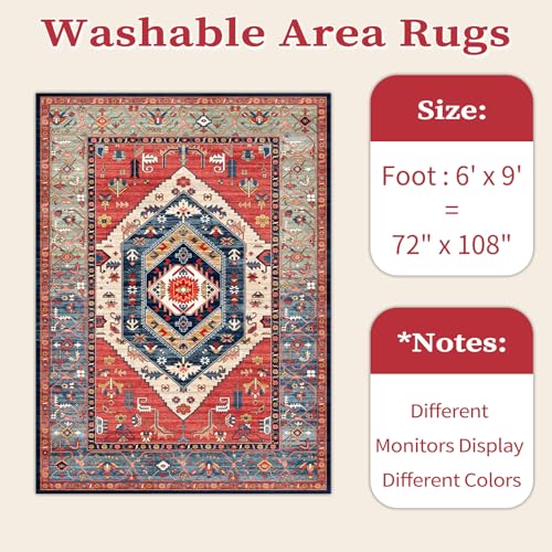 SERISSA Washable Rugs 6x9 Area Rugs, Large Non-Slip Boho Living Room Rust Rug, Ultra Soft Vintage Print Distressed Oriental Tribal Farmhouse Carpet for Dining Room Bedroom Dorm Office Home Decor