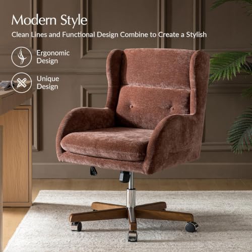 Image of HULALA HOME Modern Swivel Office Chair with Solid Wood Base, Rust | 360 Swivel Executive Task Chair with Button-Tufted, Adjustable Height Wingback Desk Chair, Wide Seat Computer Chair for Home