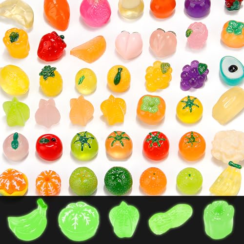 60 pzs Mini Figuras Luminosas de Frutas y Verduras, VEINARDYL de Resina pequeñas Frutas Artificiales Que Brillan en la Oscuridad, decoración de Alimentos en Miniatura Falsos para Manualidades