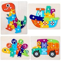 HUADADA Wooden Puzzles Dinosaur Animals Jigsaws puzzle Toys for 2 3 4 Year Old boy 4 Pack Shape Number Toddler Puzzles Toddler Toys Educational Games for Girls Boys Children