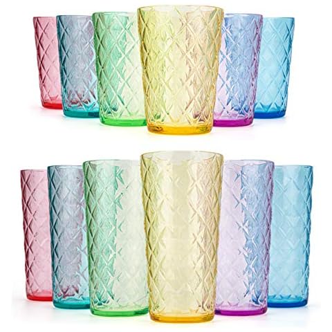 Mixed Drinkware Sets, 15-ounce and 21-ounce Acrylic Glasses Plastic Tumbler with Rhombus Design, set of 12 Multicolor Cover