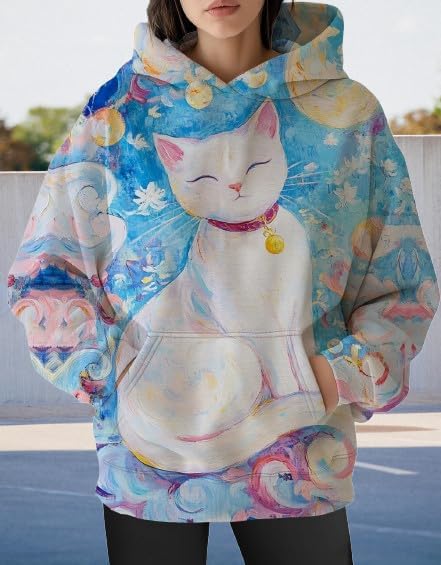 Womens Funny Cat Hoodies Oversized Graphic Hooded Sweatshirt for Women Fall Plus Size Pullover Hoodie Y2K - Image 3