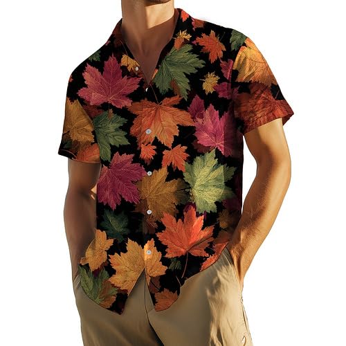 Men's Hawaiian Button Down Shirt, Autumn Maple Leaves Print Halloween Thanksgiving Short Sleeve Trendy Fun Shirt for Men2