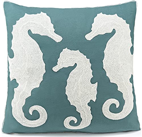 Beach-Throw-Pillow-Teal-and-White-Coastal-18-x-18-Inch-Pillow-Case-Cover-Decorative-Beach-Pillow-Cover-with-Embroidered-Seahorse-Teal 51ia+1dC4lS