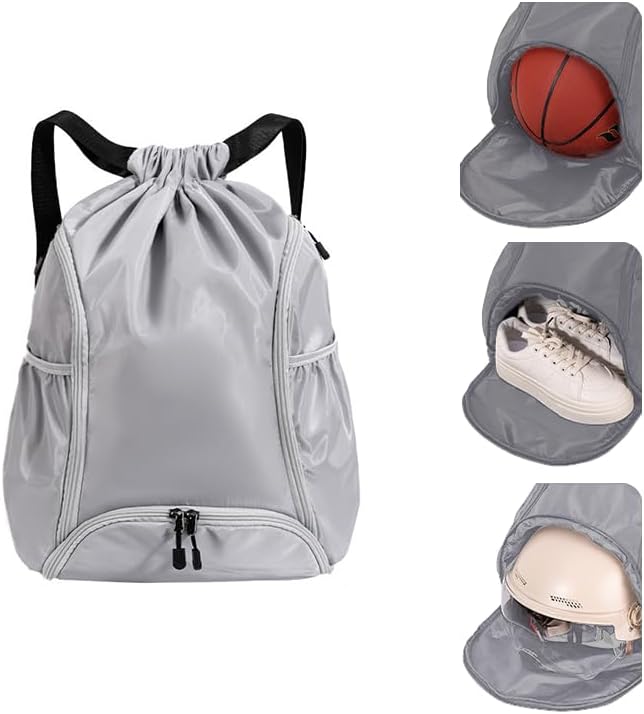 Mochila deportiva con cordón, bolsa de gimnasio impermeable para mujeres y hombres, paquete de baloncesto con compartimento para zapatos, Gris,