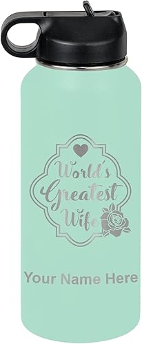 Miniatura 61 de LaserGram Botella de agua de doble pared de 32 onzas con popote, la mejor esposa del mundo, grabado personalizado incluido (gris) Gris,Negro -,Verde