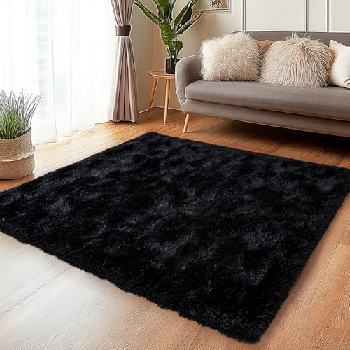 Black Rug for Bedroom 3x5 Feet - Ultra Soft Faux Fur Area Rug - Plush Non-Slip Shaggy Carpet for Living Room, Cozy Fluffy Floor Rug for Home Decor