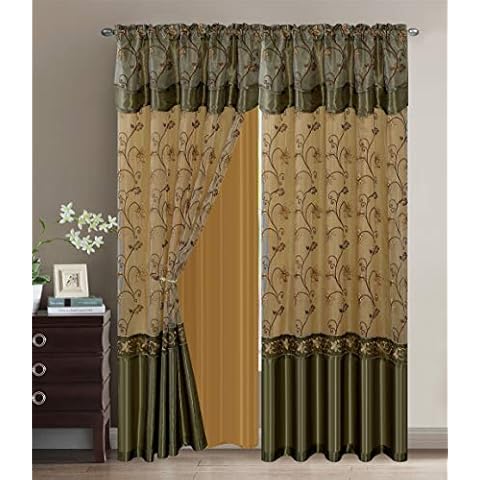 Fancy Collection Embroidery Curtain Set Drapes with Backing & Valance Sage/Gold (55"x 84") Cover