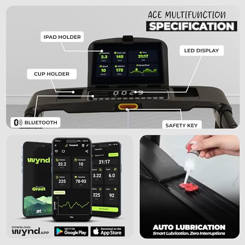 Image of Ace Multifunction 4.5 HP Peak BLDC Motorized Treadmill | 16 Km /Hr Max Speed | 120 Kg User Weight | Manual Foldable | Bluetooth Speaker | Wynd app | Home use