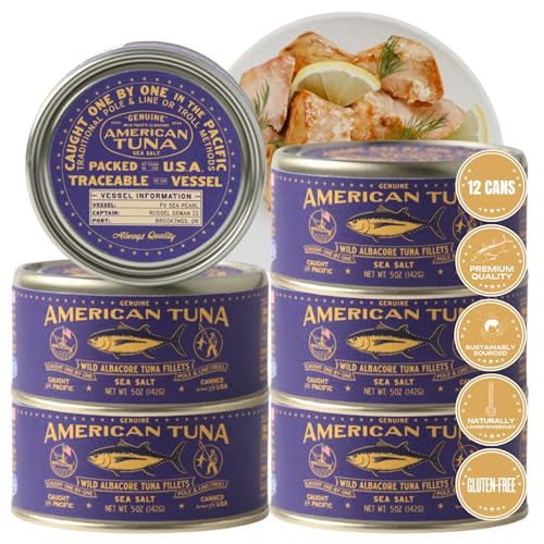 American Tuna Sushi-grade Wild Albacore Tuna Fish - with Sea Salt, MSC Certified, Sustainable Pole Wild Caught - 5 oz cans | Pack of 12 | Premium Canned Tuna for Health and Flavor Enthusiasts!