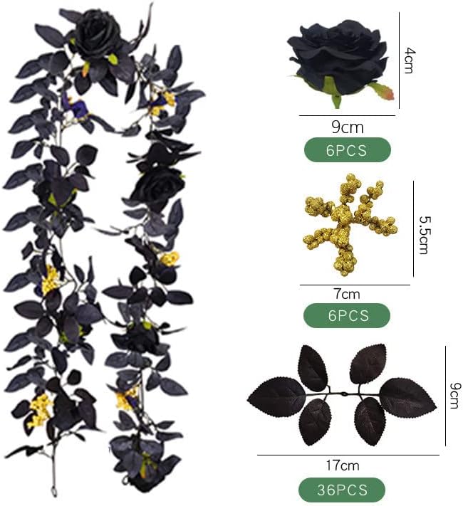 2PACK Artificial Black Rose Vine, Halloween Flower Garland with Roses and Golden Berries, Black Leaves Garland, Hanging Floral Garland for Halloween Home Wall Decorations,5.9 Ft (Black Roses)