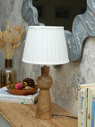 Image of Green Girgit Wooden Skirt Brown Table Lamp with Pleeted White Shade, Bedside Night Lamp with Printed Shade, Modern LED Ambient Lighting, E27 Bulb Compatible, Corded Electric, 6.5X9X18 inches