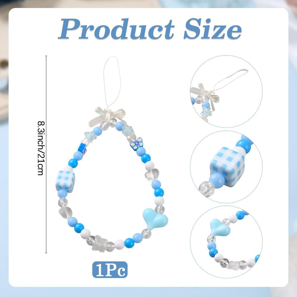1 Box Blue Bead Phone Charm Heart Bow Cellphone Beaded Lanyard Wrist Strap Butterfly Checkered Cube Acrylic Aesthetic Wrist Cute Keychain Wristlet for Women Camera Wallet Decor image 2
